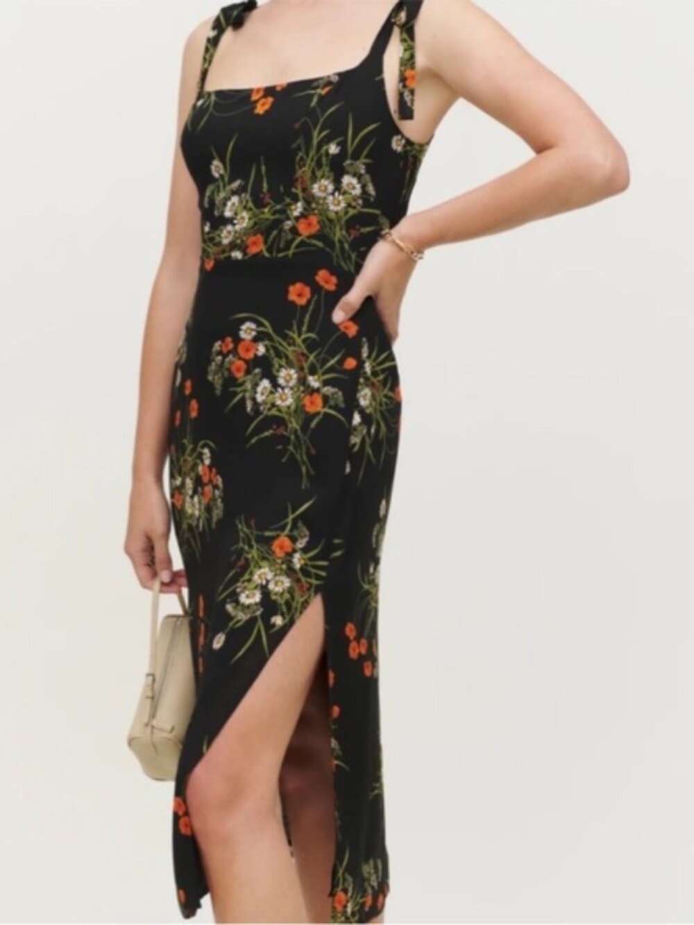 Reformation Besse Black Midi Dress with Orange Floral Print in 4 - Picture 3 of 7